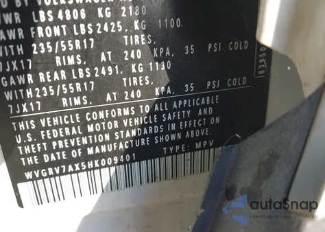 2017 Volkswagen Tiguan 2.0T Wolfsburg Edition from USA, damaged, VIN WVGRV7AX5HK009401